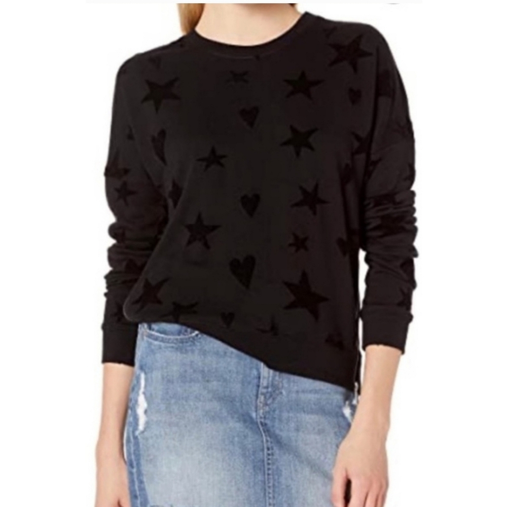 Rails Marlo Flocked Hearts and Stars Hem Zip Sweatshirt Black Small Whimisigoth